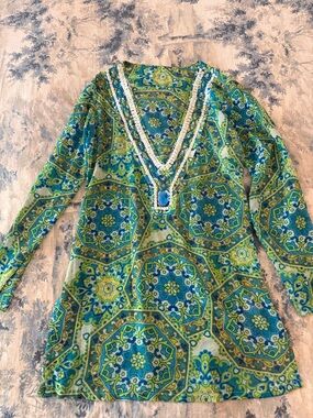 Green & Blue Beaded V-Neck Tunic